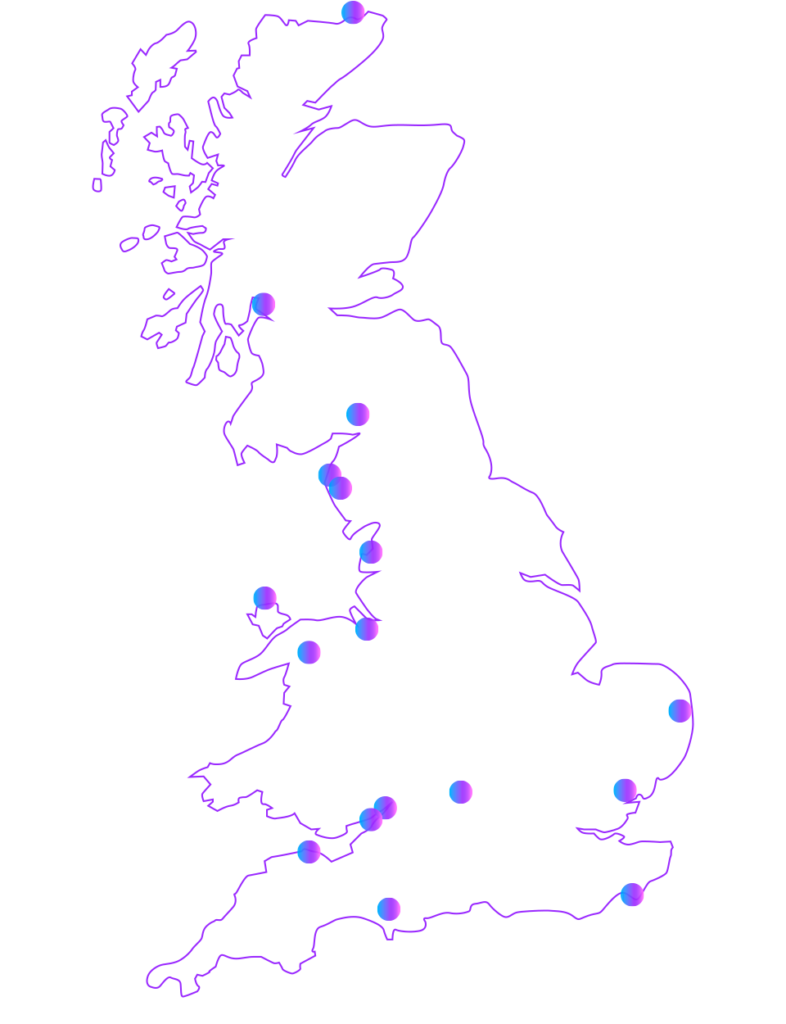 Outline of UK map showing 17 NDA locations
